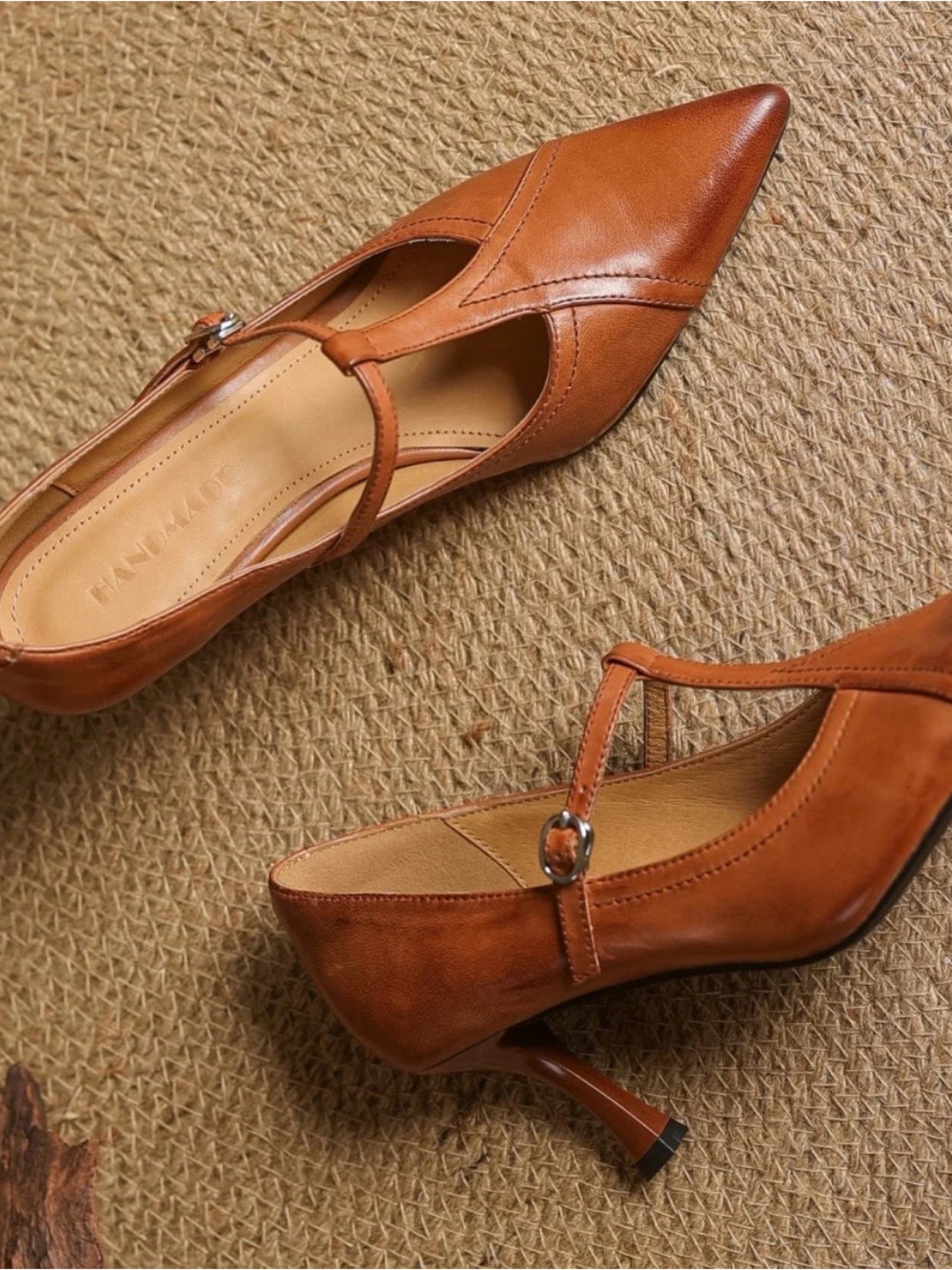 Handmade T-Strap Pointed Toe Heels in Brown - Picture 13 of 13